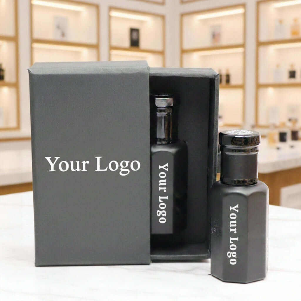 Perfume Oil Bottle with Box – Luxury Attar Packaging (Refillable) displayed in elegant box with customizable logo.