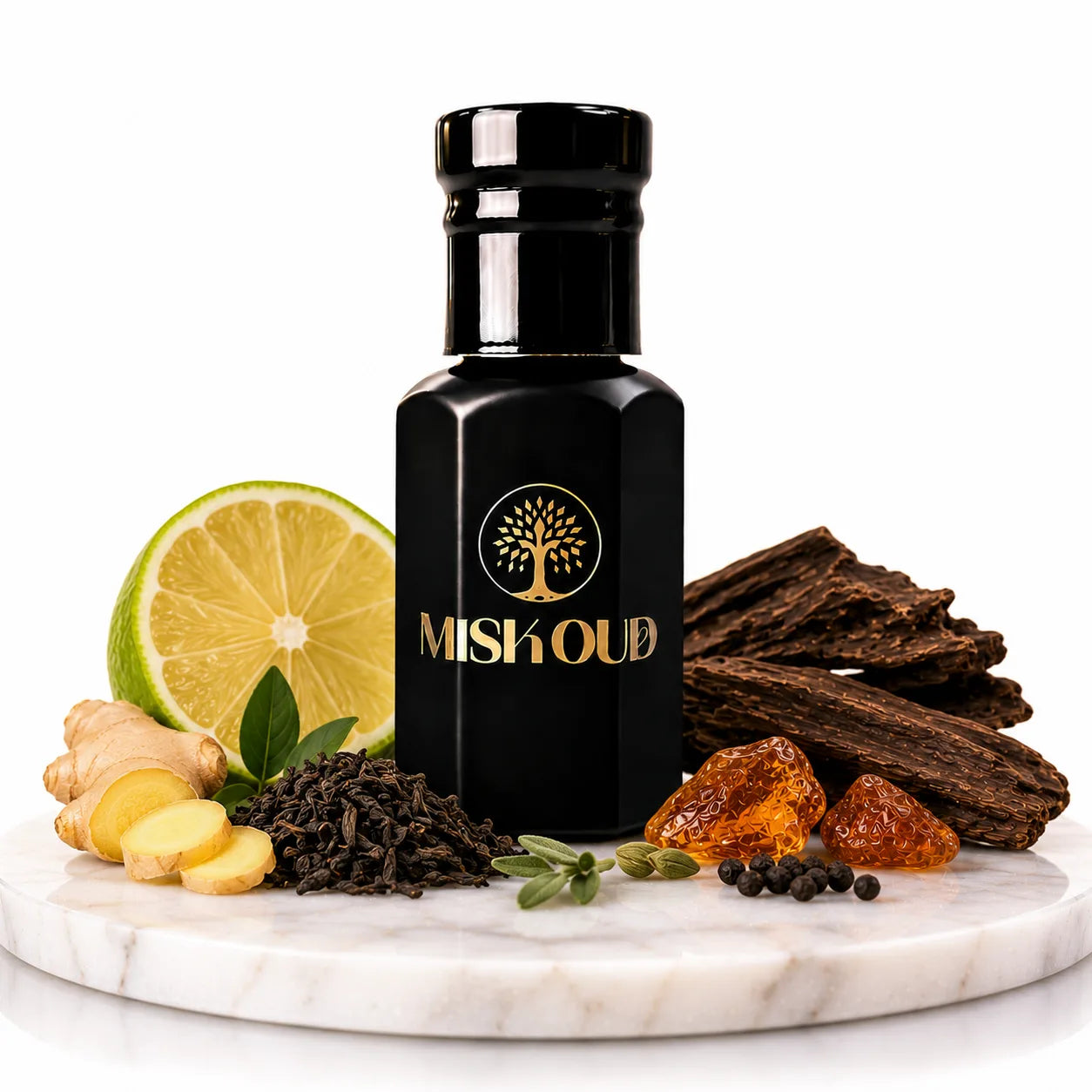 Imagination Musk Perfume Oil displayed with citrus, spices, and amber on a marble surface.