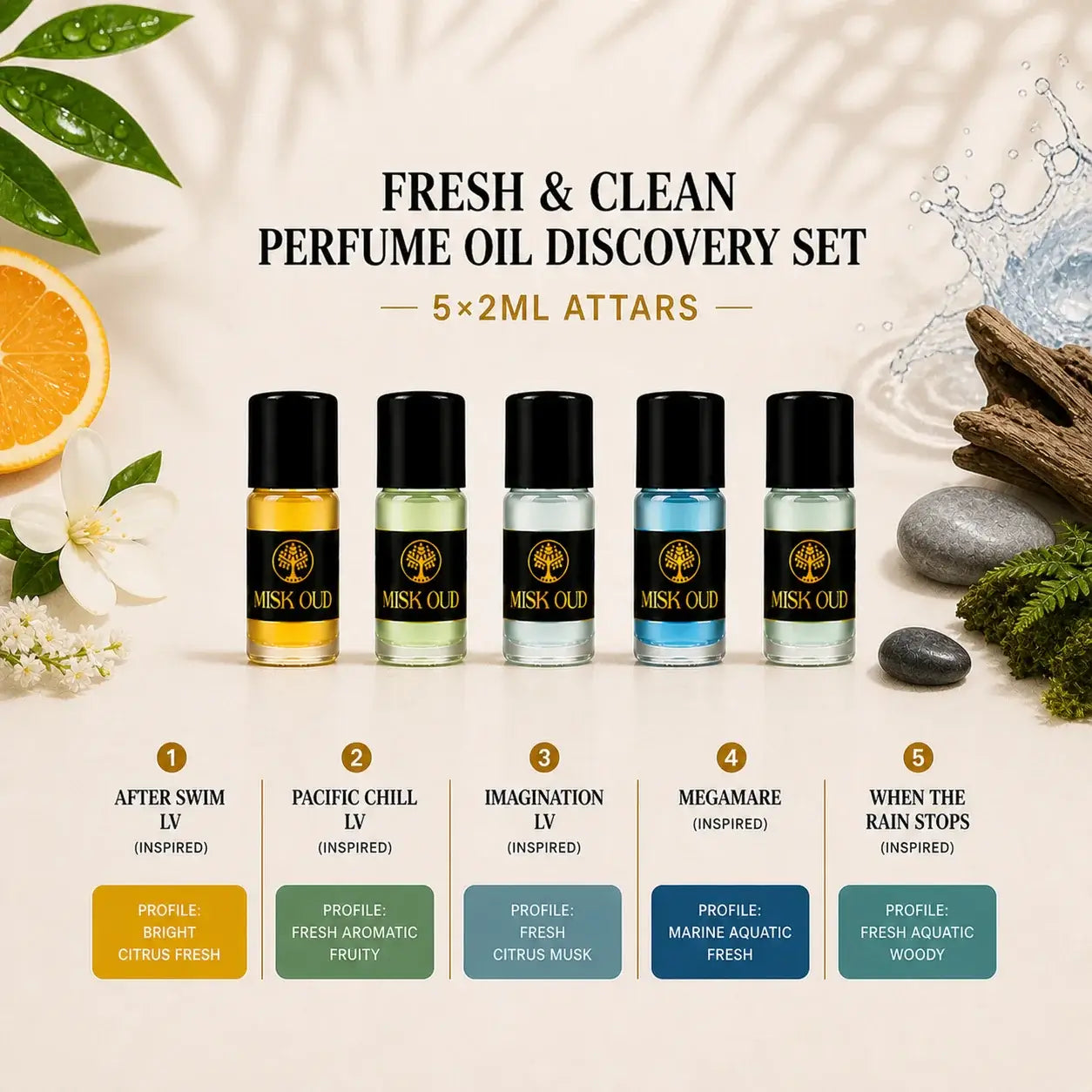 Fresh & Clean Perfume Oil Discovery Set – 5×2ml Attars