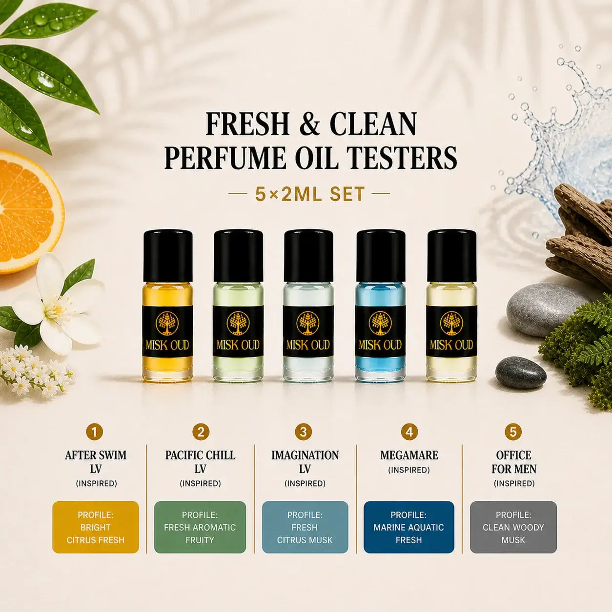 Fresh & Clean Perfume Oil Testers – 5×2ml Set