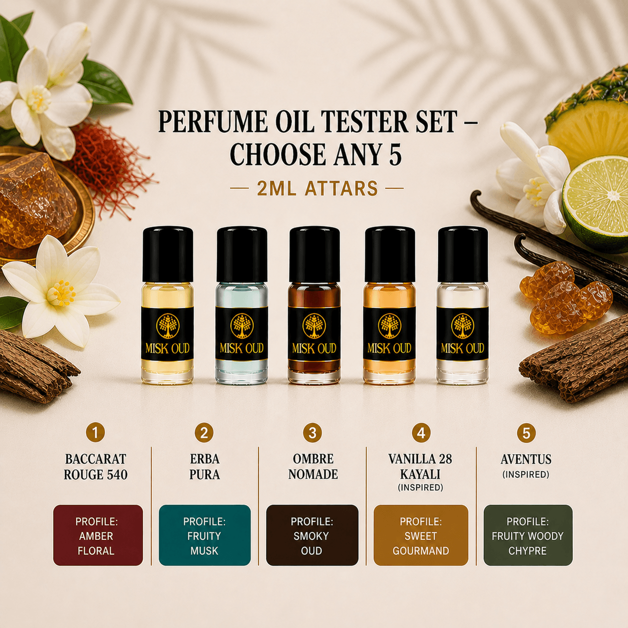 Perfume Oil Tester Set – Choose Any 5 (2ml Attars)