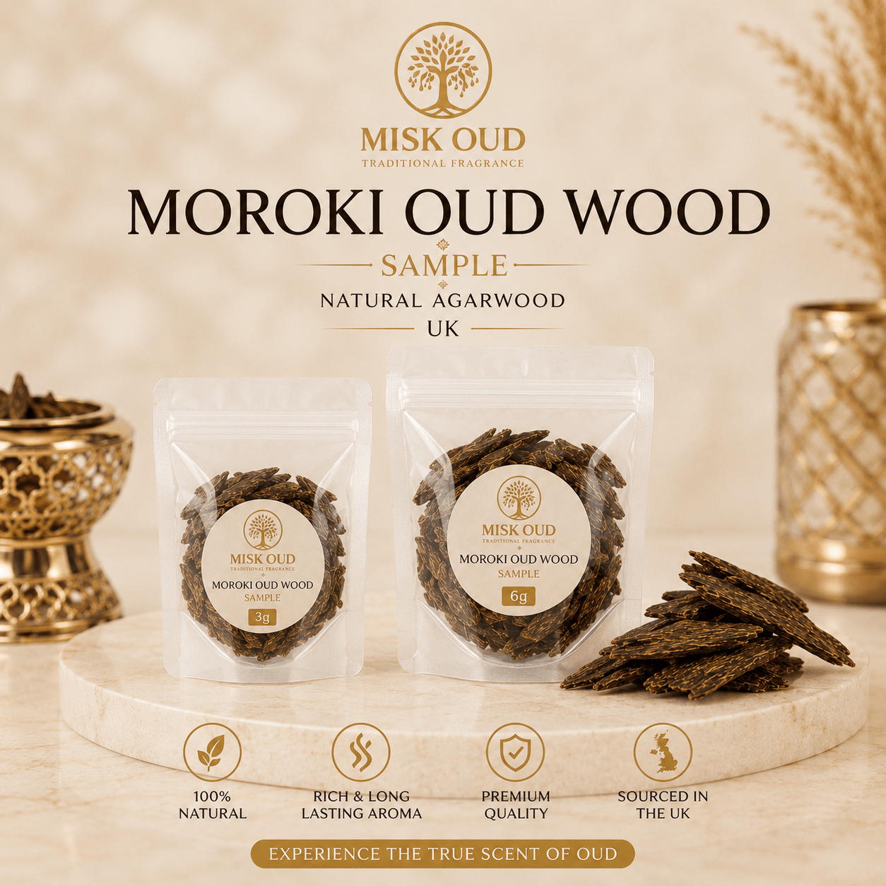 Moroki Oud Wood Sample 3g 6g Natural Agarwood UK