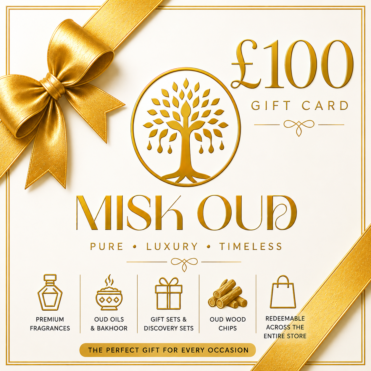 Misk Oud Gift Card with a golden bow and £100 denomination, perfect for luxury fragrance gifting.