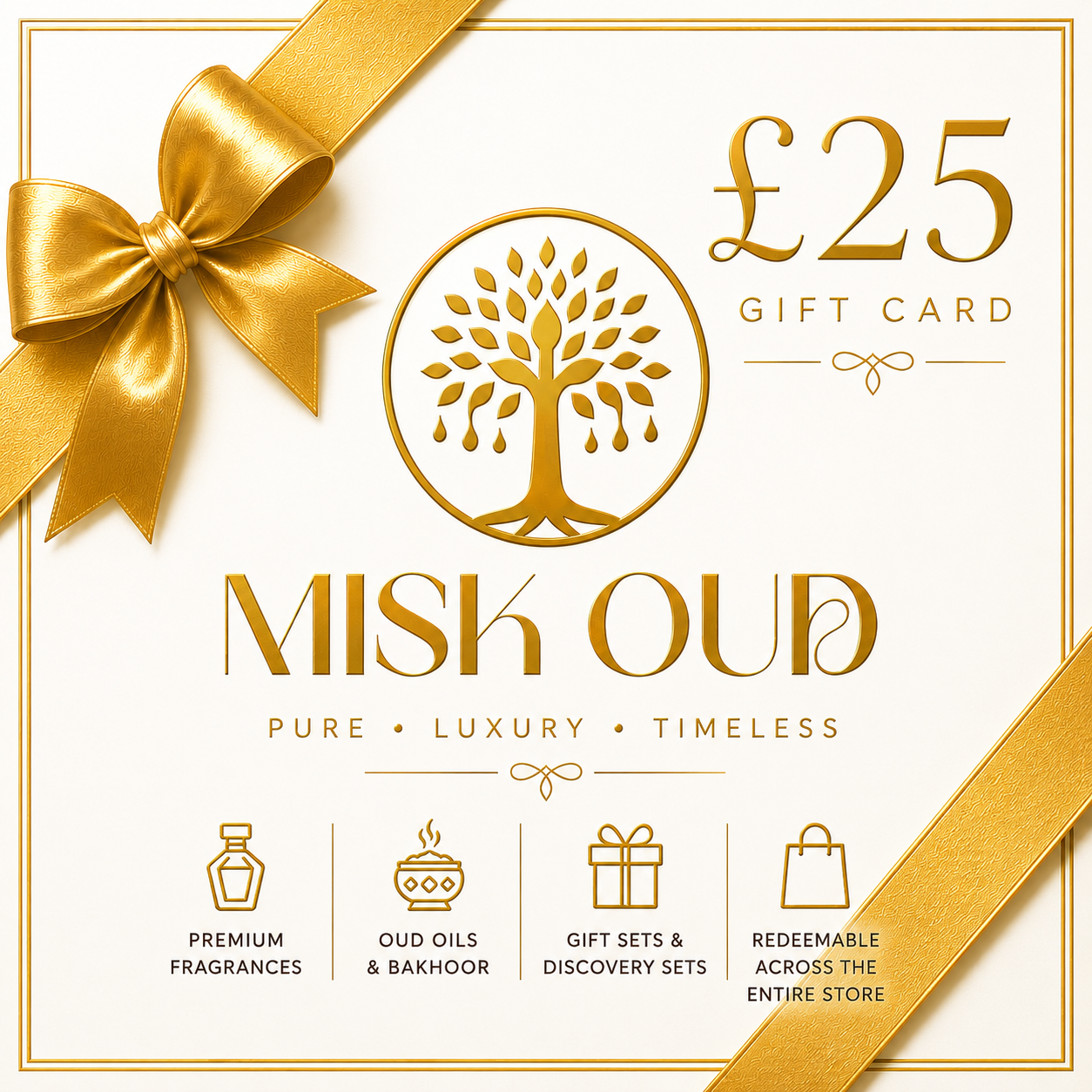 Misk Oud Gift Card with gold ribbon, priced at £25, featuring luxury and timeless design.