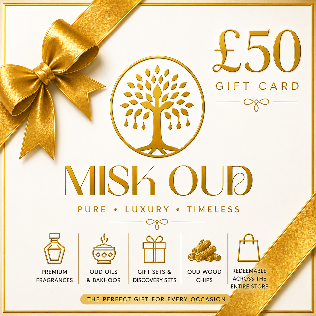 Misk Oud Gift Card design featuring £50 value with golden bow and tree logo, promoting luxury fragrance gifts.