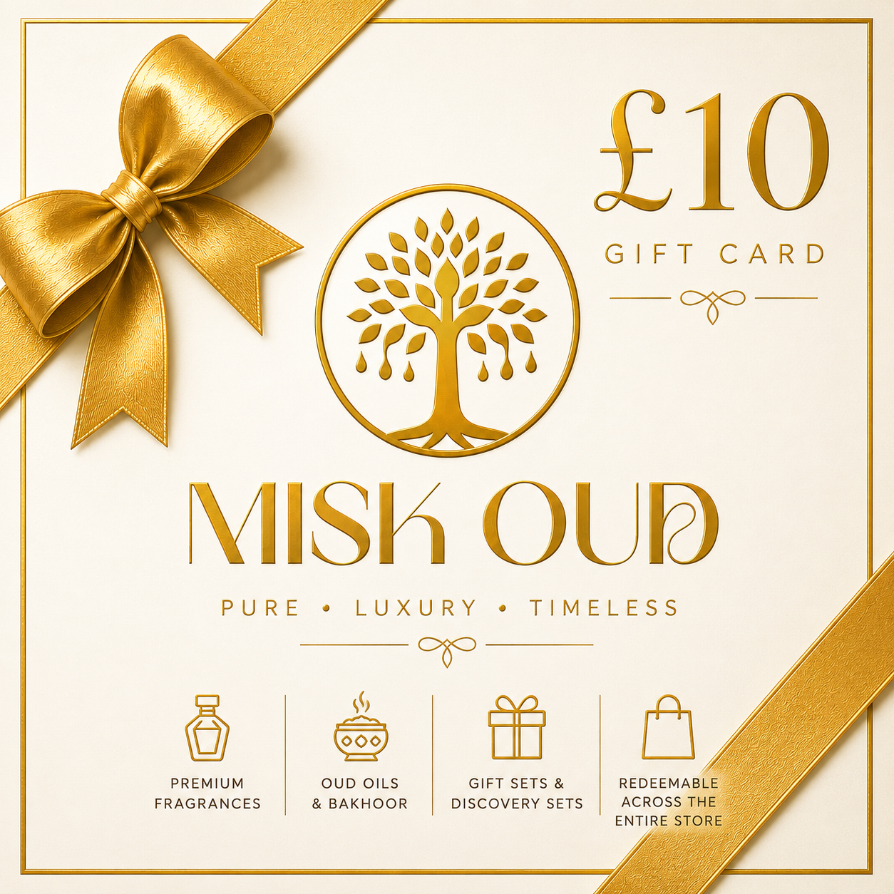 Misk Oud Gift Card featuring a £10 value, elegant design with a golden bow and tree emblem.