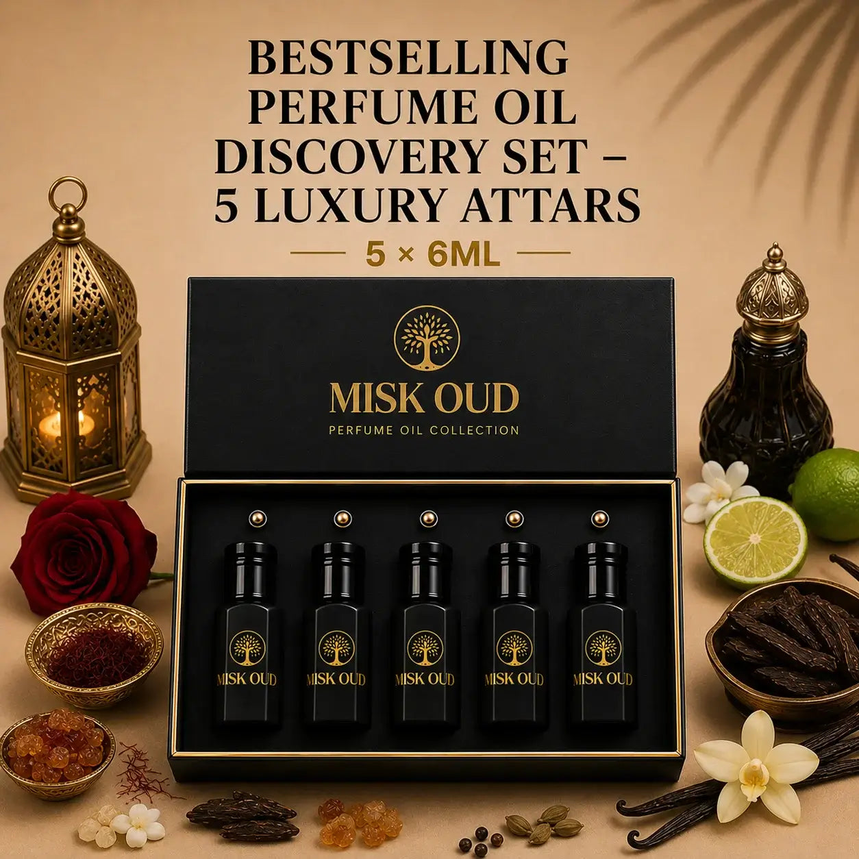 Bestselling Perfume Oil Discovery Set – 5 Luxury Attars in elegant packaging with decorative elements