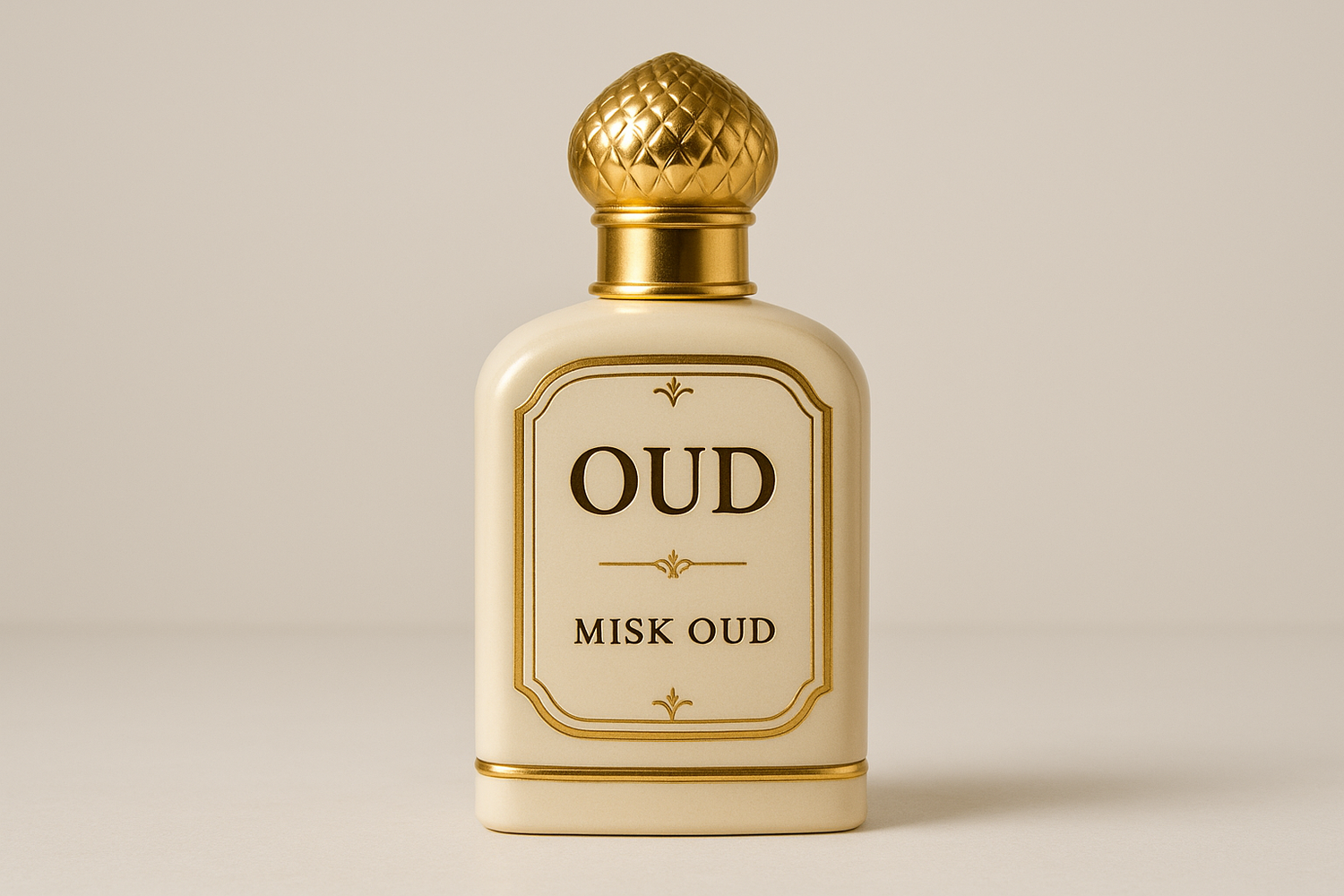 create an image for oud perfume oil. use one bottle with cream and golden color. label OUD and below this keep misk oud. 