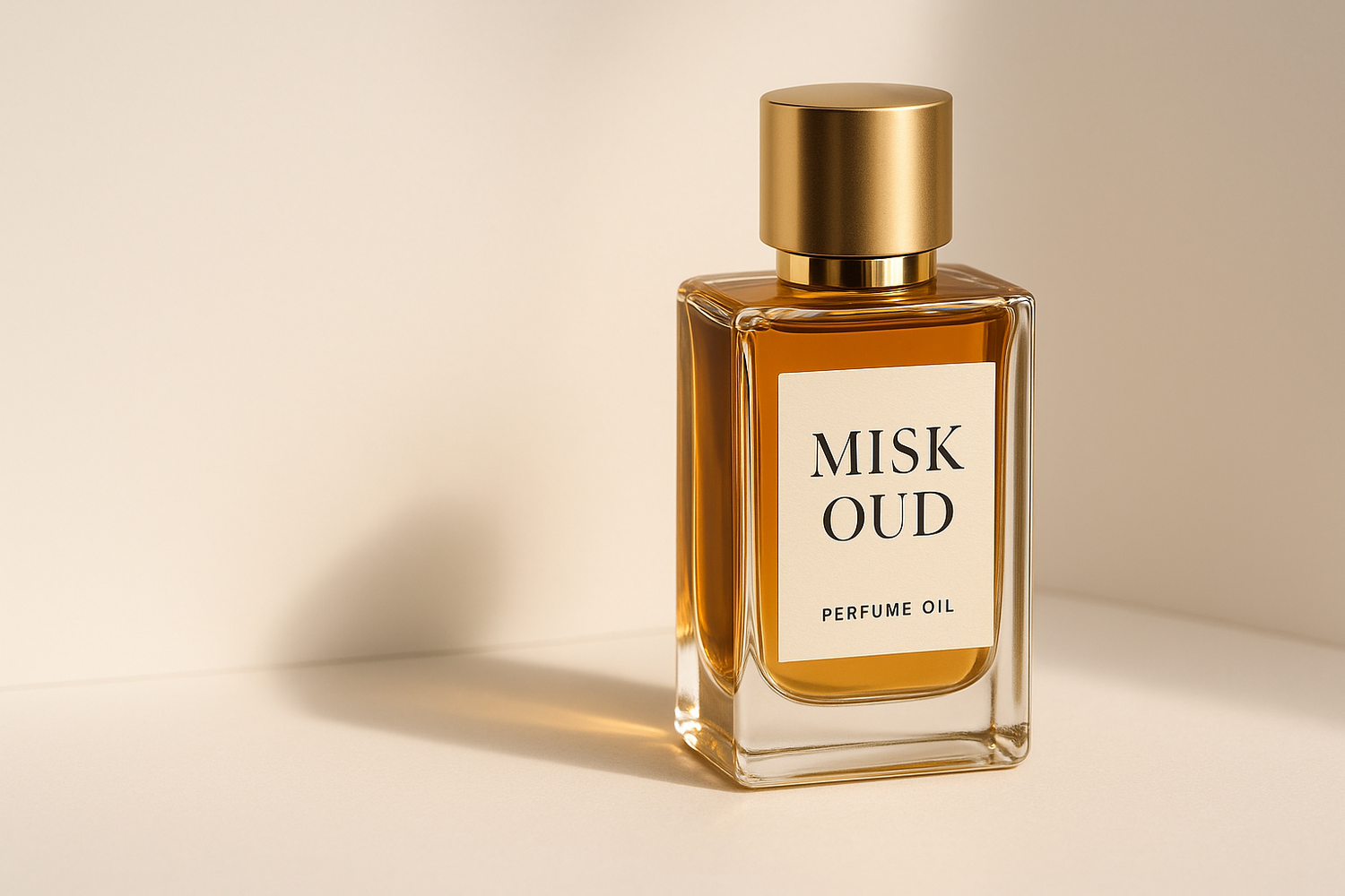 create an image with perfume oil bottle label MISK OUD. background should be white and cream color combination. and bottles should be one sided right or left. make sure image should be looks luxury tone