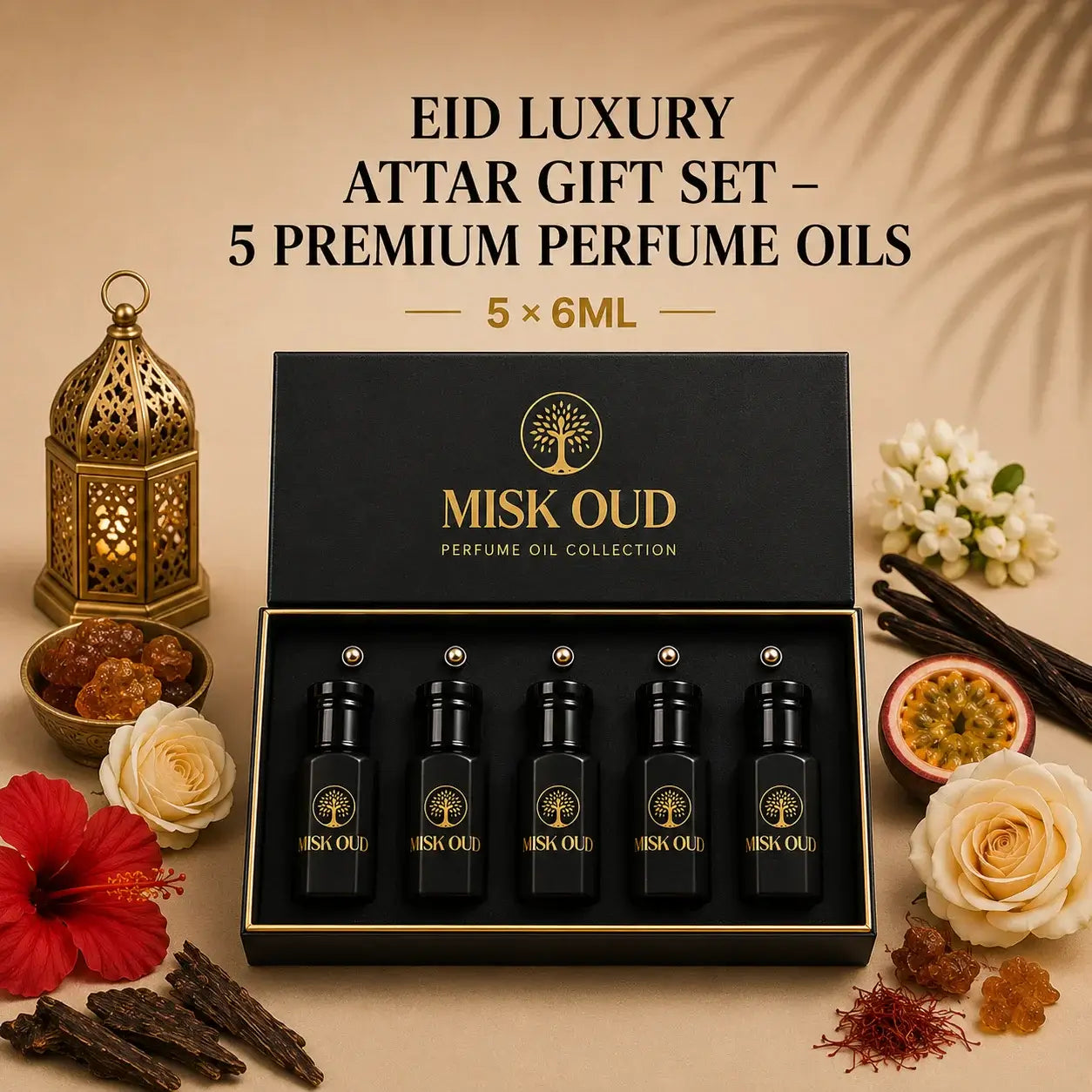 Eid Luxury Attar Gift Set – 5 Premium Perfume Oils in a stylish box with decorative elements and natural ingredients.