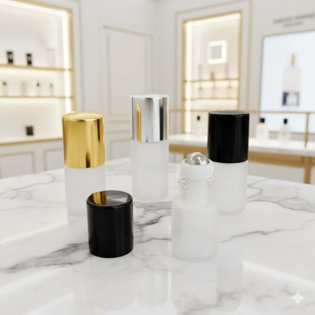 Frosted Perfume Oil Bottle collection displayed on marble table, showcasing luxury refillable attar bottles in various cap colors.