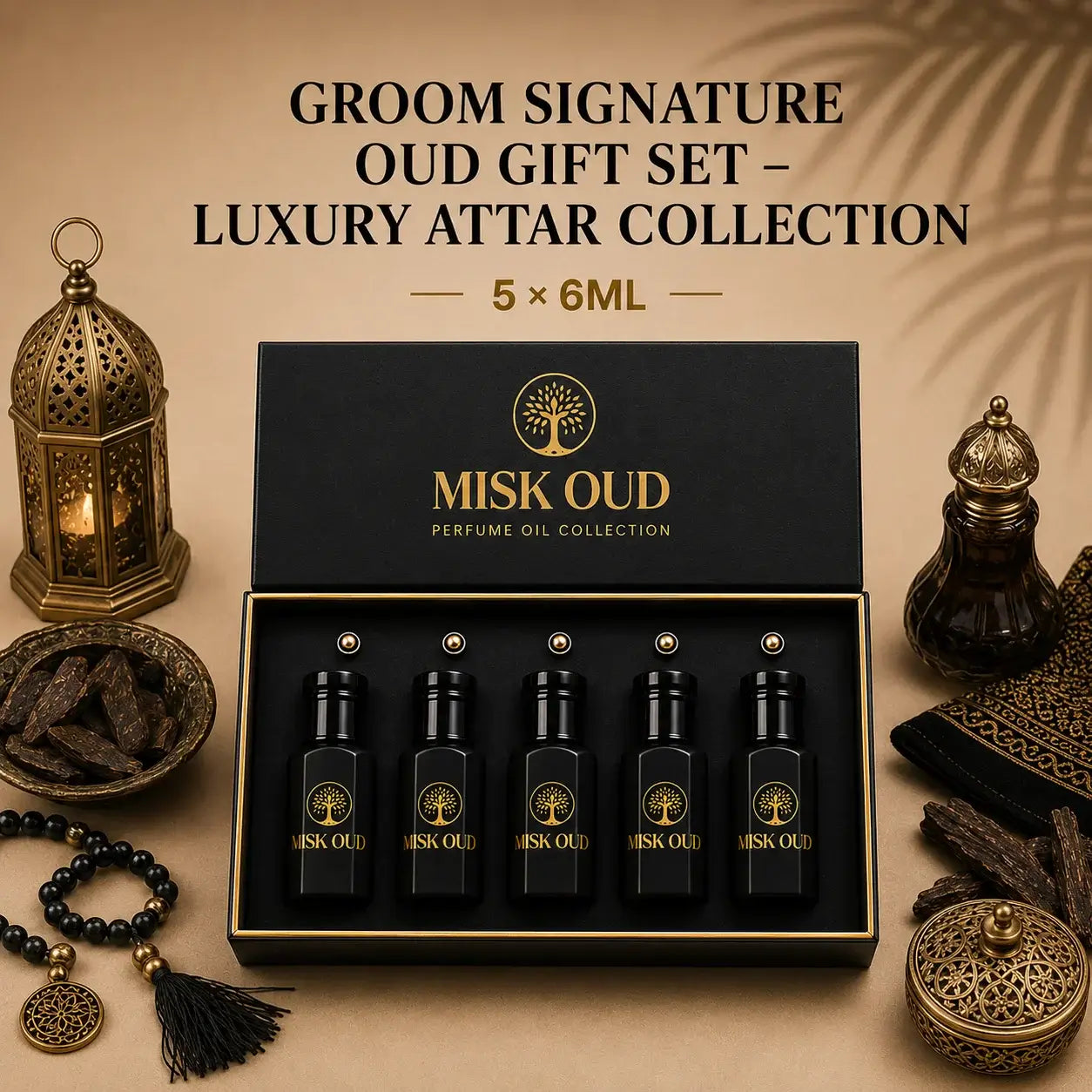 Groom Signature Oud Gift Set – Luxury Attar Collection with five 6ml perfume oil bottles.