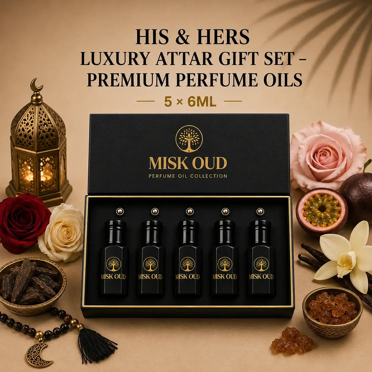 His & Hers Luxury Attar Gift Set – Premium Perfume Oils in elegant packaging with six 6ml bottles.