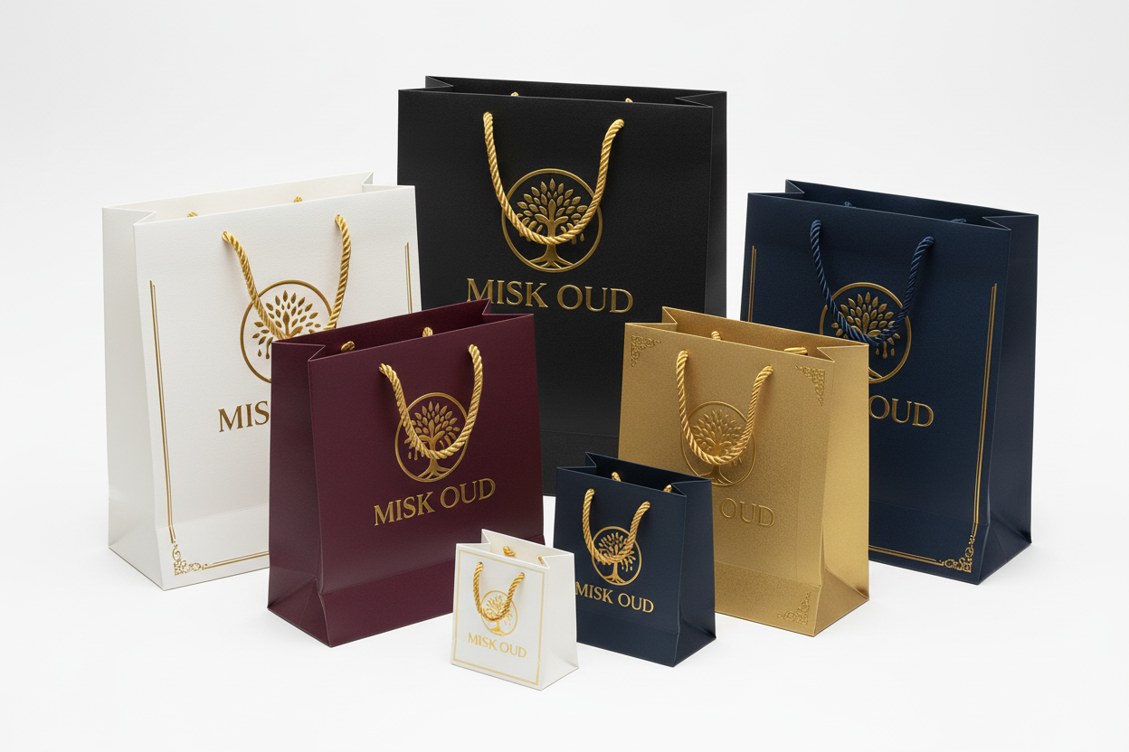 Luxury gift bags with Misk Oud logo