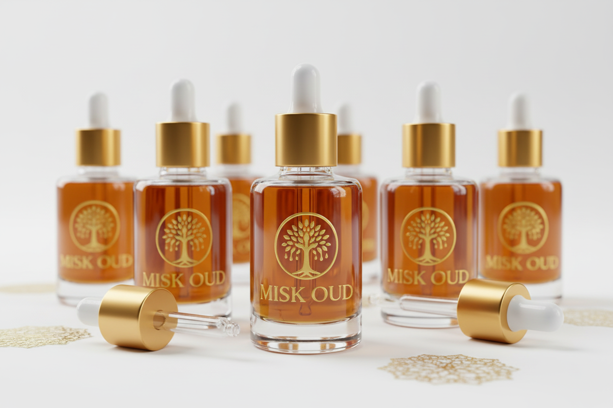 Luxury oil bottles with Misk Oud logo