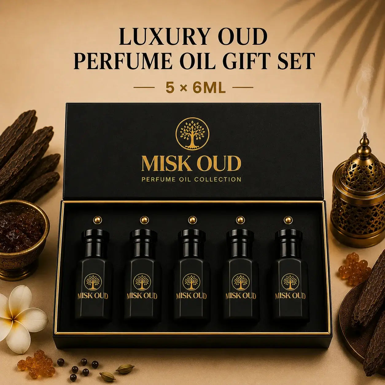 Luxury Oud Perfume Oil Gift Set featuring 5 premium attars in elegant packaging, perfect for fragrance enthusiasts.