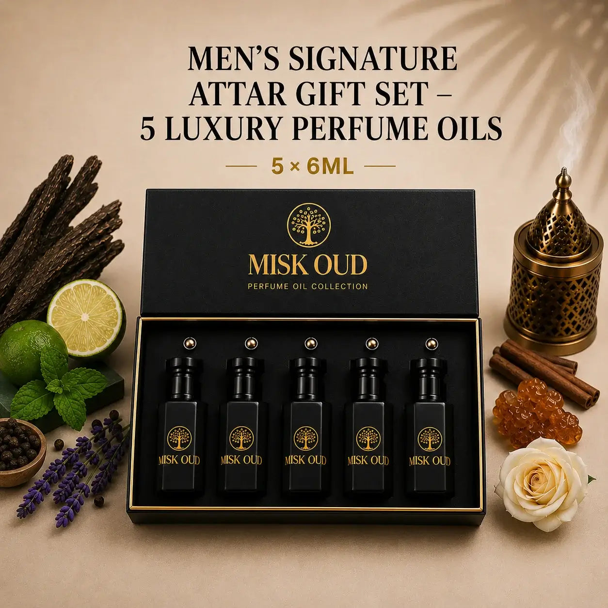 Men’s Signature Attar Gift Set – 5 Luxury Perfume Oils displayed in a stylish box with aromatic ingredients.