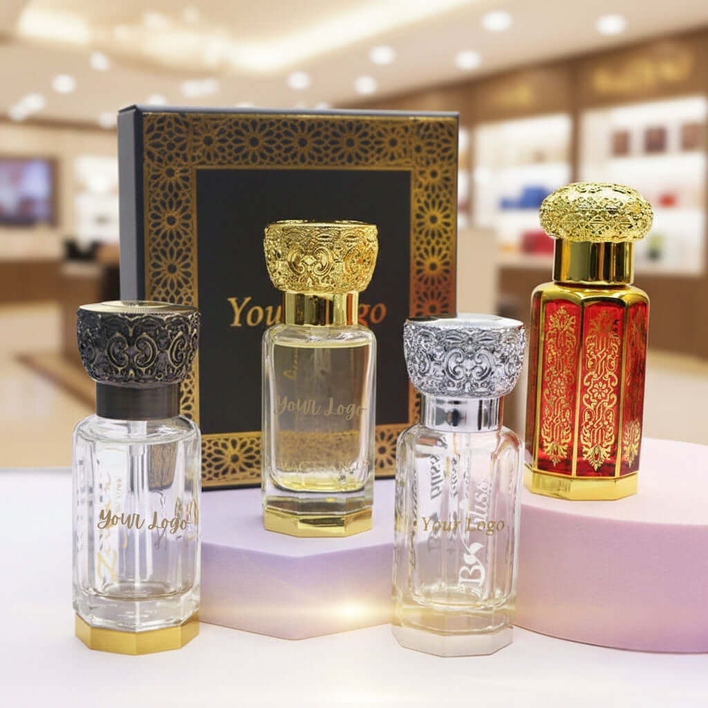 Premium Gold Attar Bottles displayed with luxury design, showcasing elegance and style for perfume packaging.