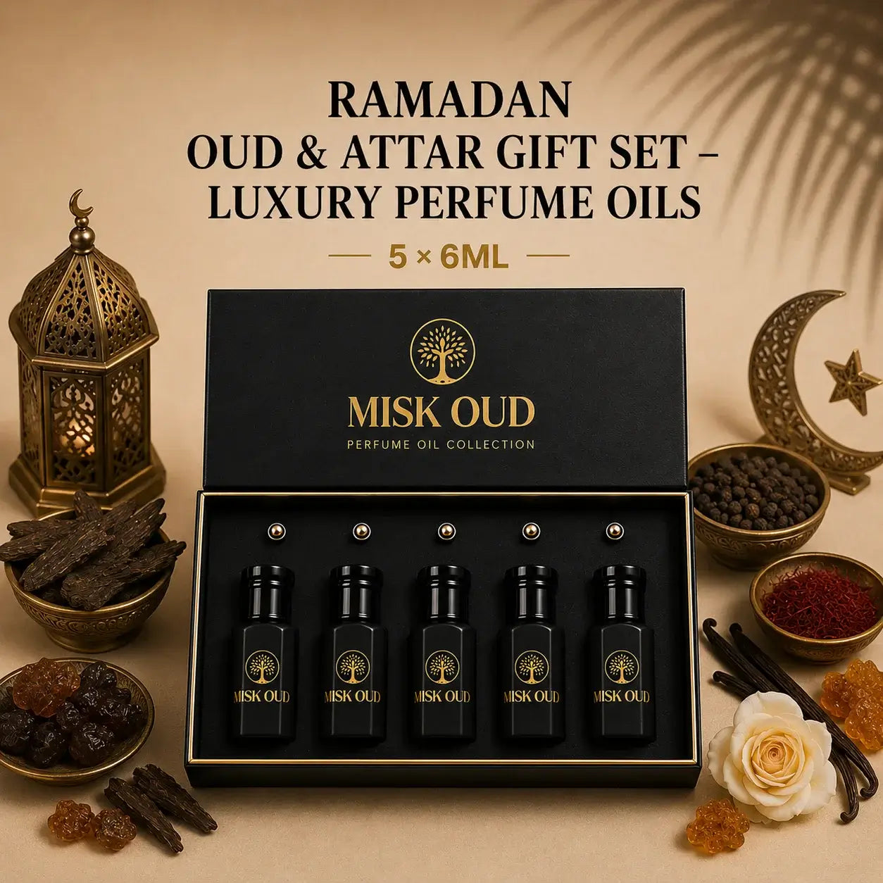Ramadan Oud & Attar Gift Set – Luxury Perfume Oils showcased in an elegant collection box with decorative accessories.