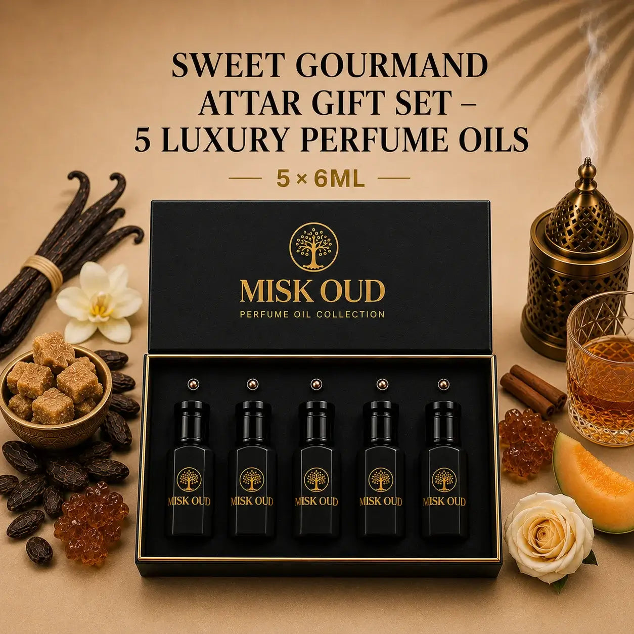 Sweet Gourmand Attar Gift Set – 5 Luxury Perfume Oils displayed in elegant box with miniature bottles and gourmet elements.
