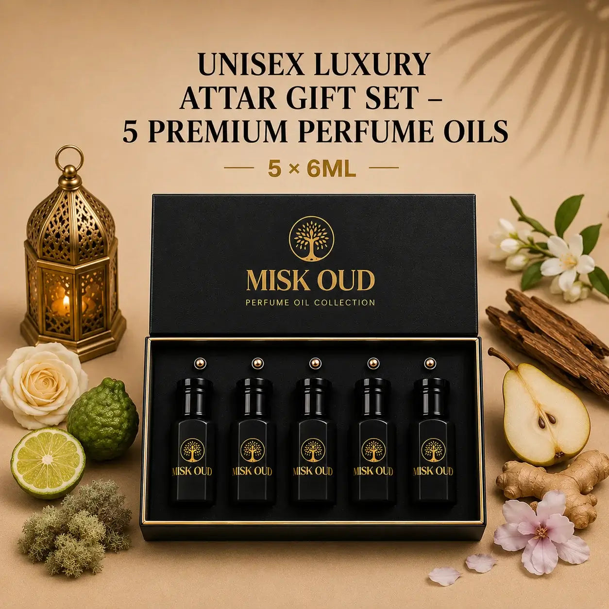 Unisex Luxury Attar Gift Set – 5 Premium Perfume Oils in elegant packaging with fresh ingredients.