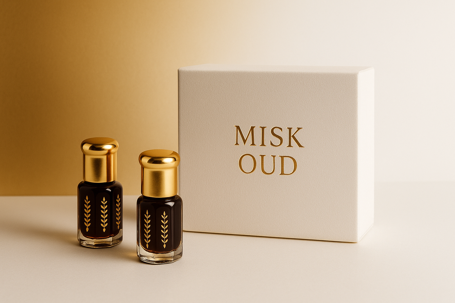 white and golden background (use golden color in left side and white in right)  with small perfume oil bottles with nice box label MISK OUD. 