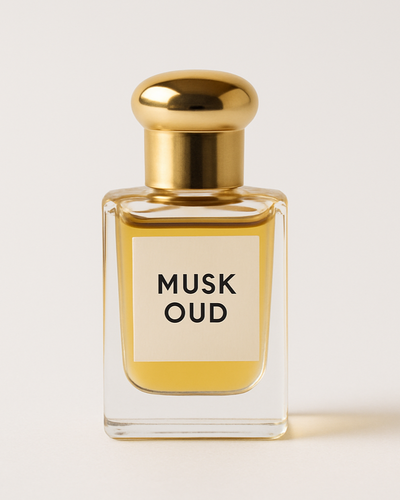 white background with small perfume oil bottle level MUSK OUD only on bottle not in background