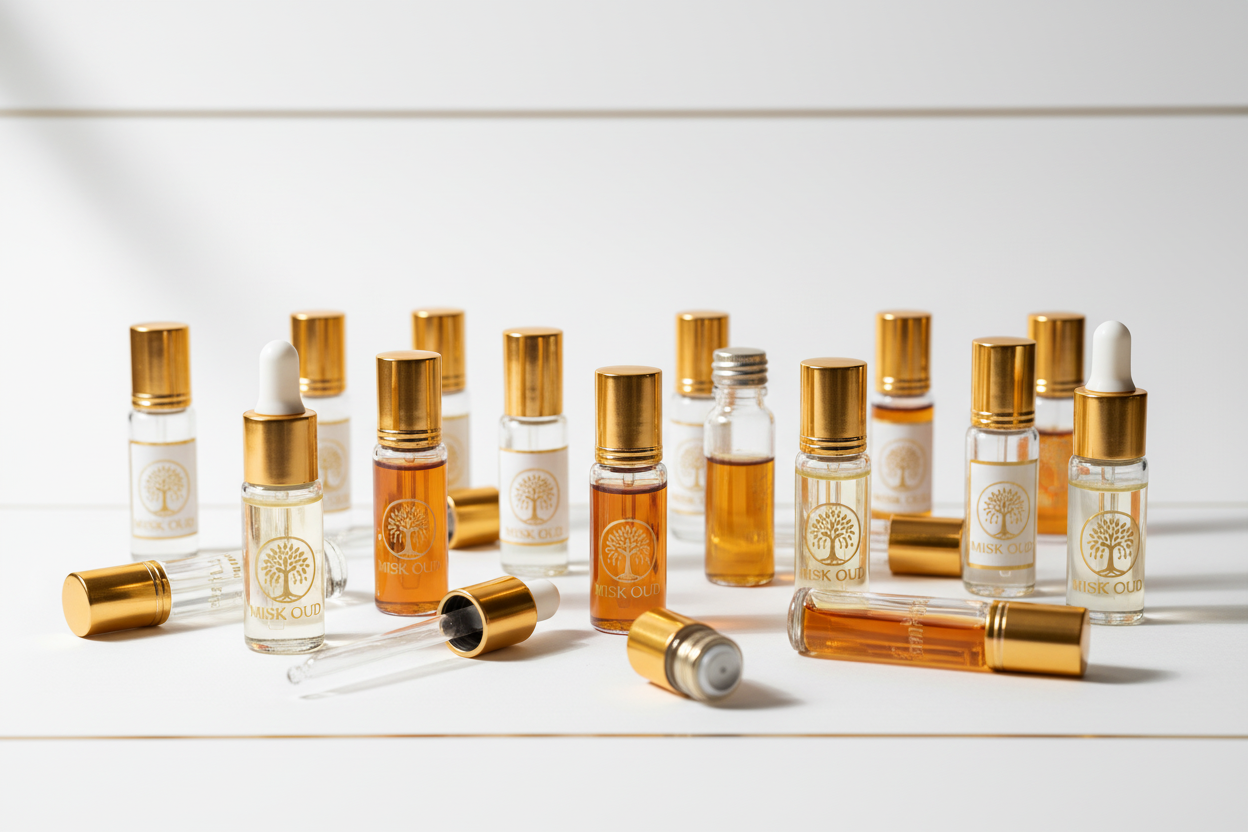 Wholesale perfume oil samples with Misk Oud logo