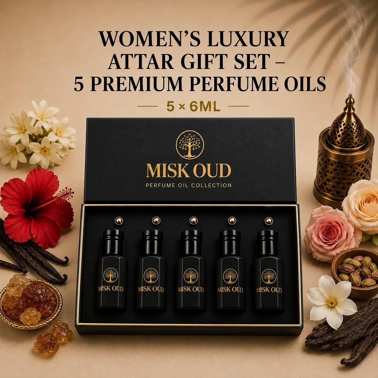 Women’s Luxury Attar Gift Set – 5 Premium Perfume Oils beautifully arranged in an elegant box with floral accents.